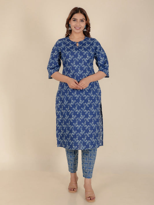 Soft Cotton Floral Straight Blue Kurta