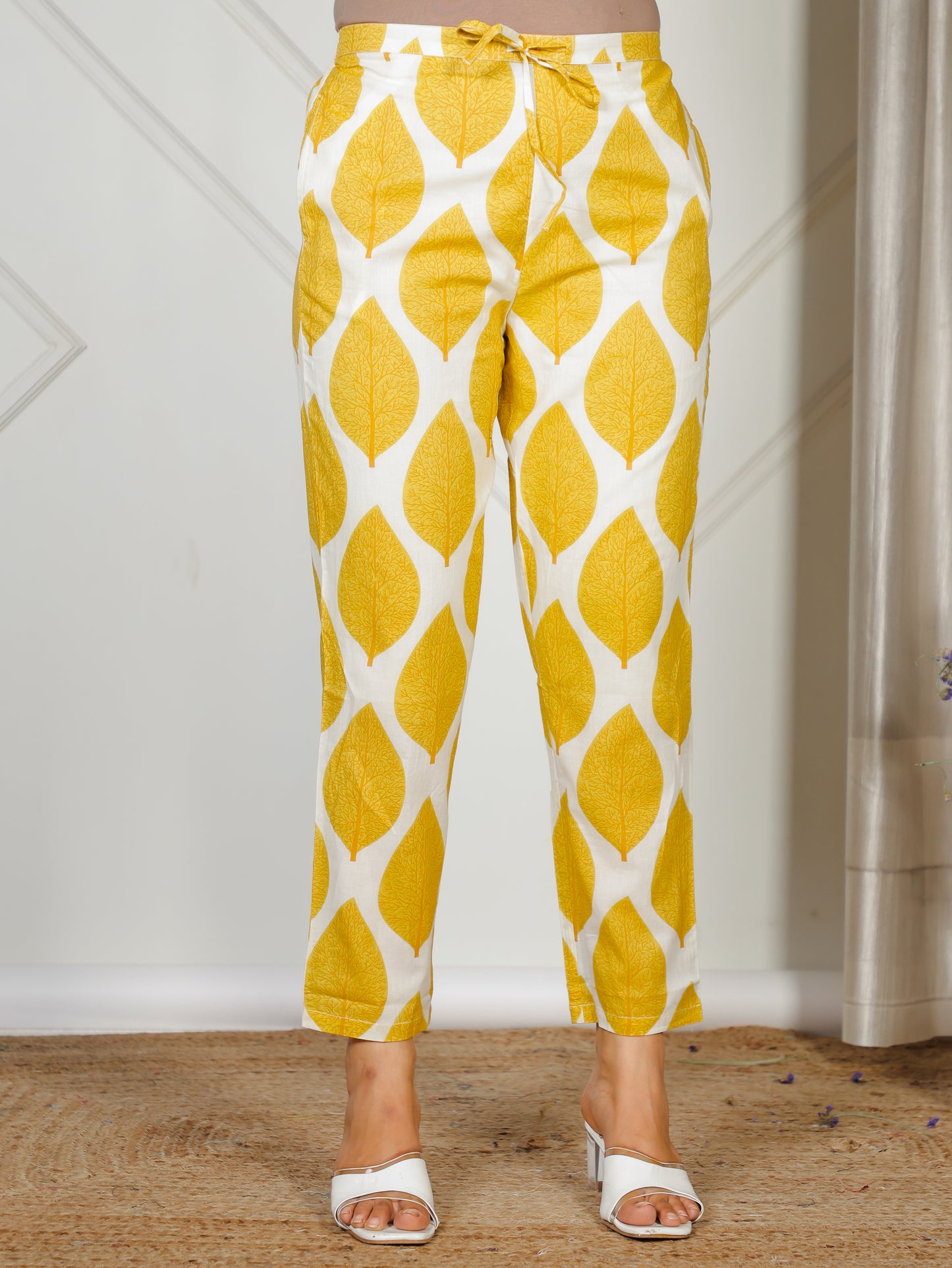 Soft Cotton Foliage Yellow Tapered Trousers