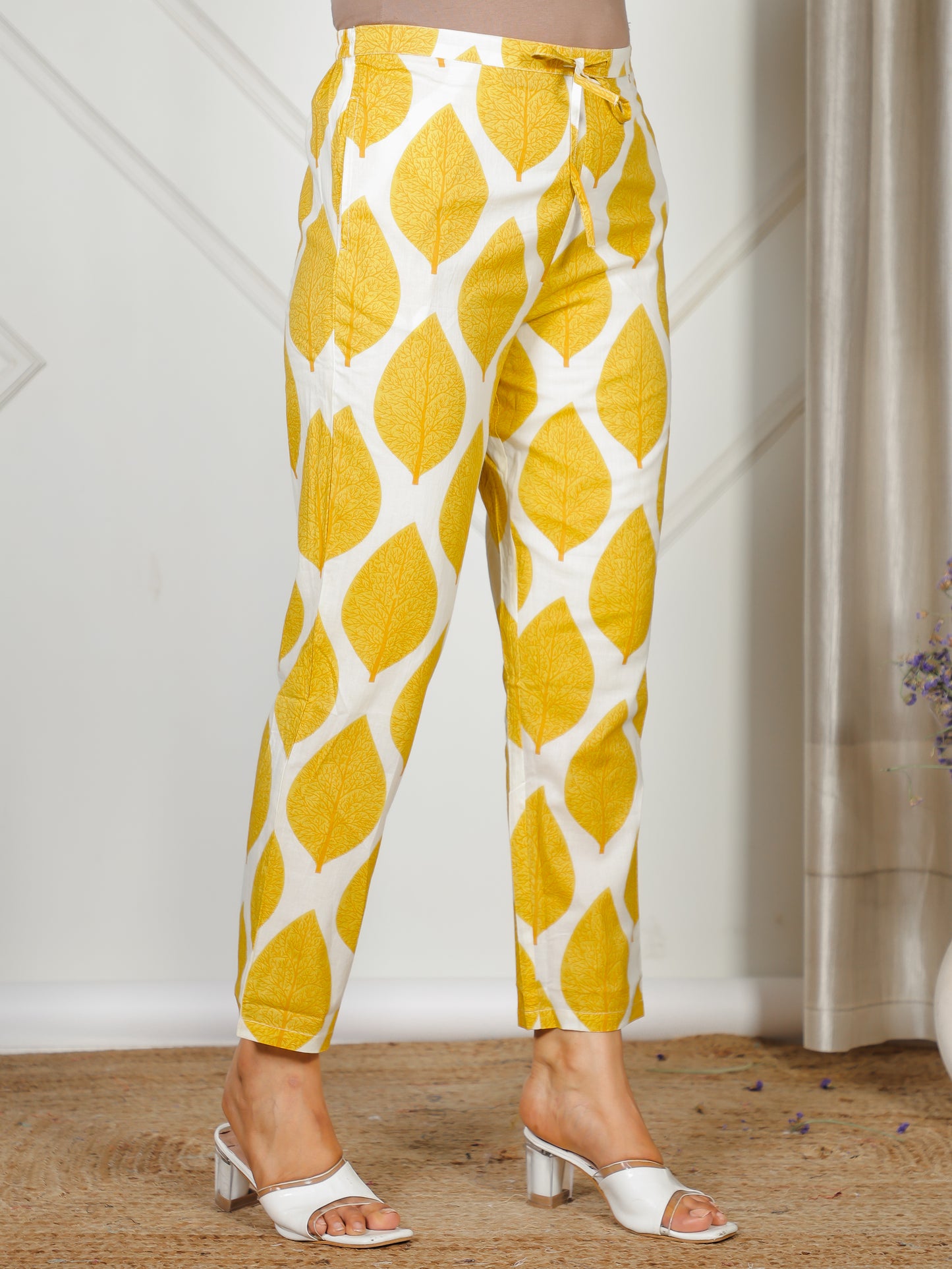 Soft Cotton Foliage Yellow Tapered Trousers