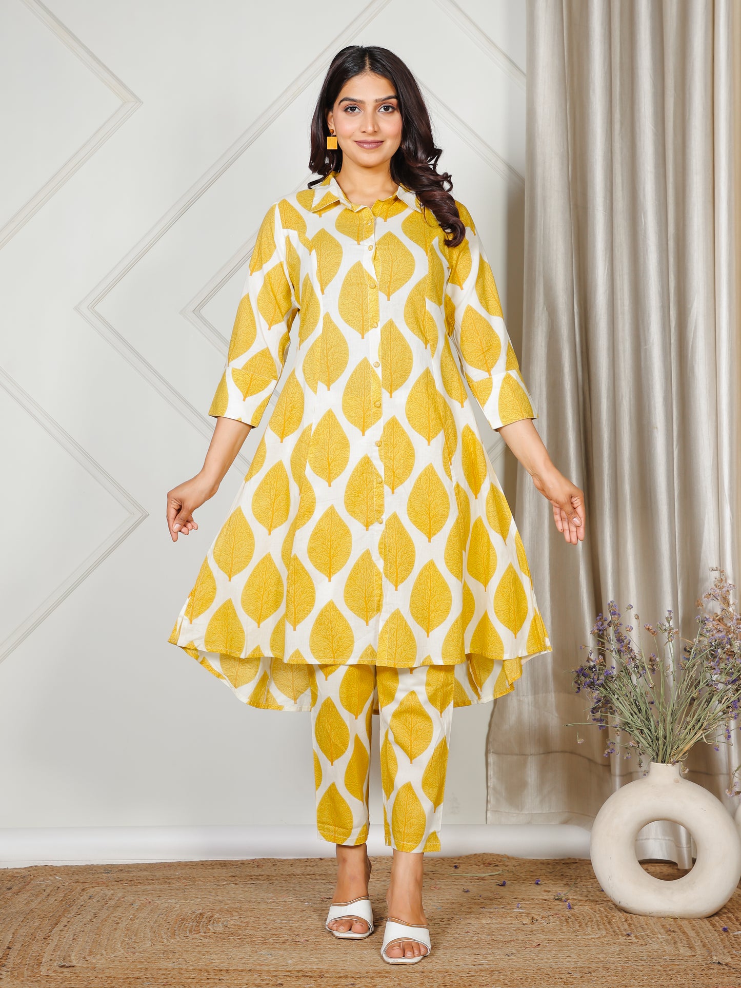 Soft Cotton Foliage High Low Yellow Kurta