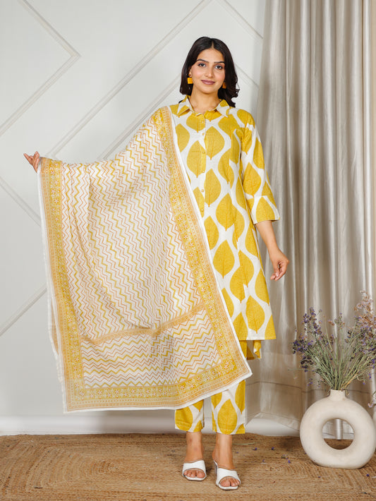 Soft Cotton Foliage High Low Yellow Kurta