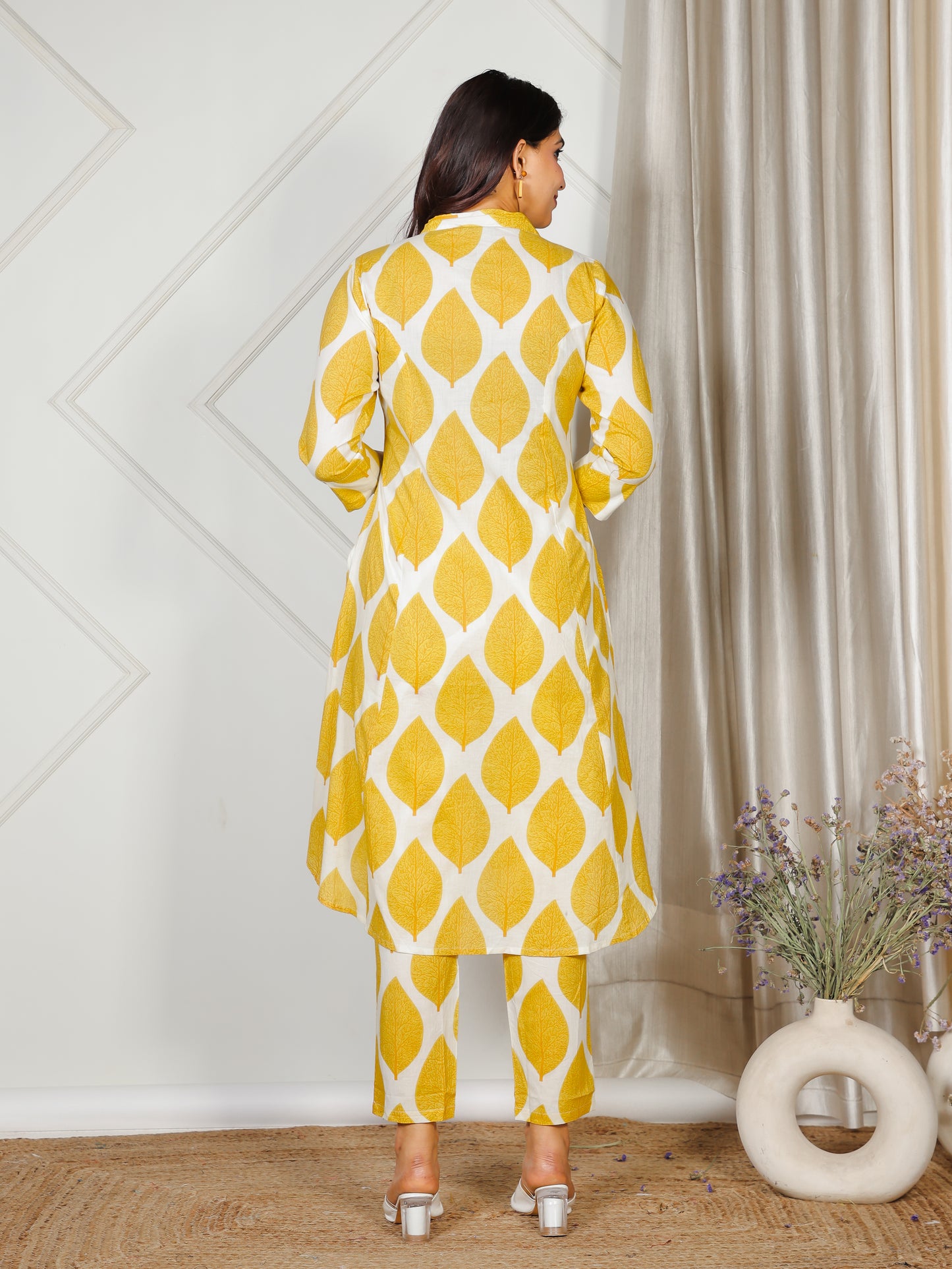 Soft Cotton Foliage High Low Yellow Kurta