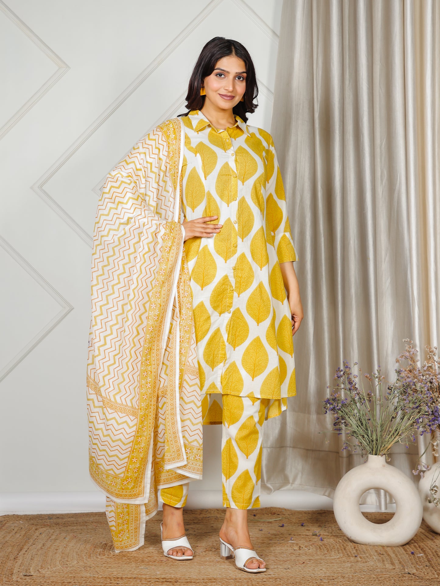 Soft Cotton Foliage High Low Yellow Kurta