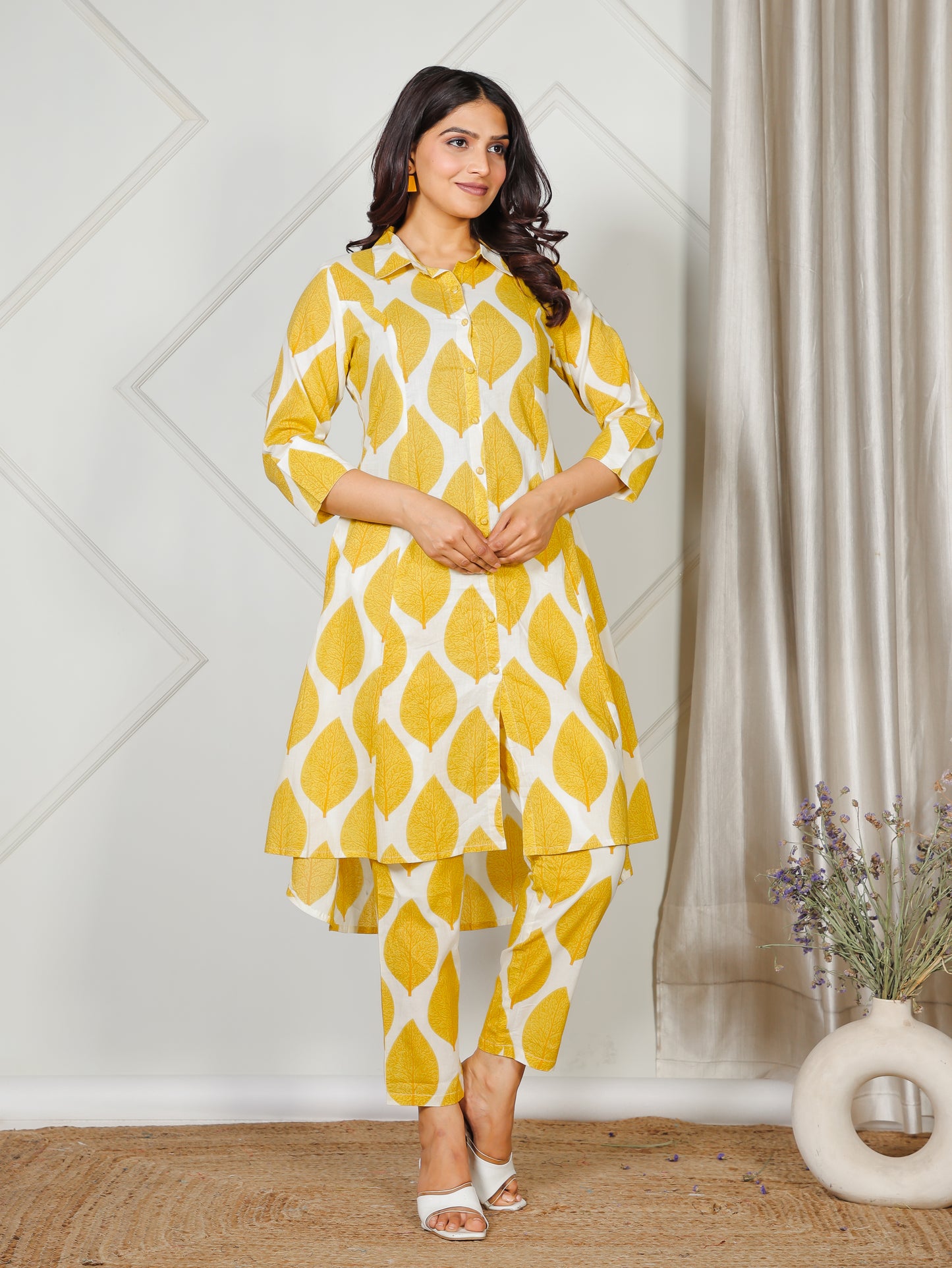Soft Cotton Foliage High Low Yellow Kurta