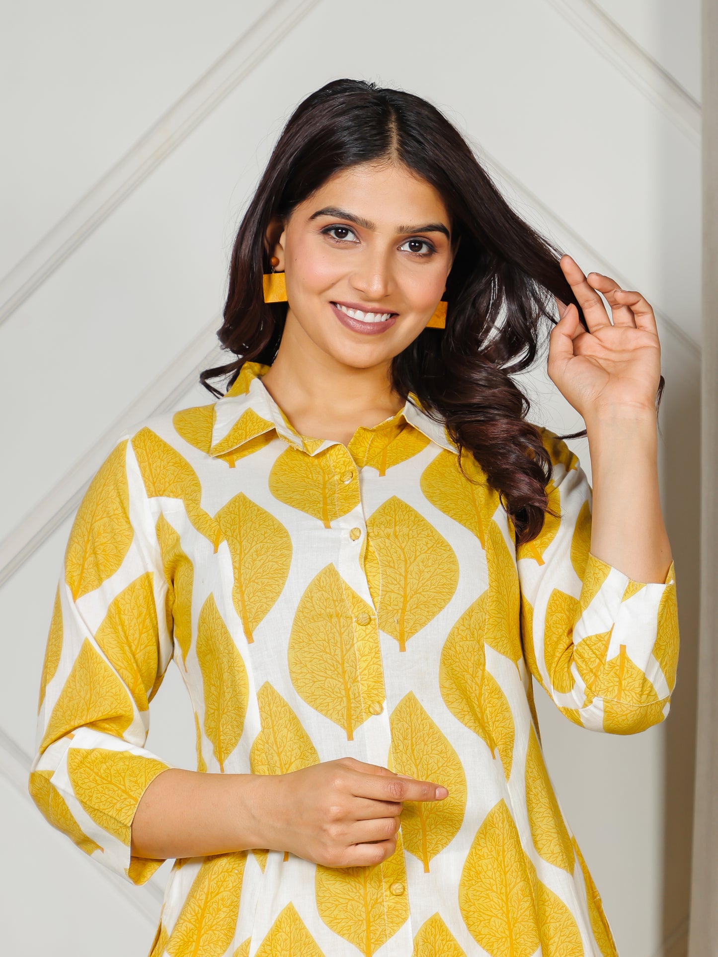 Soft Cotton Foliage High Low Yellow Kurta