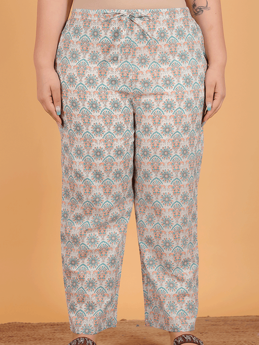 Soft Cotton Geometric White Straight Trousers