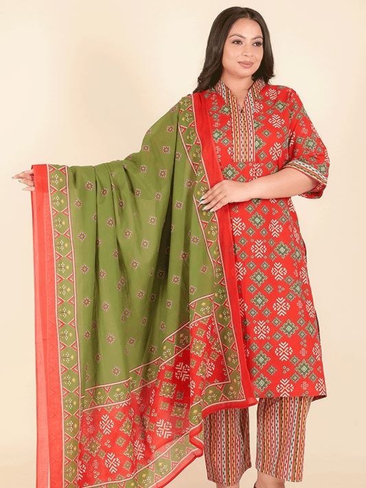Soft Cotton Ikat Straight Red Kurta