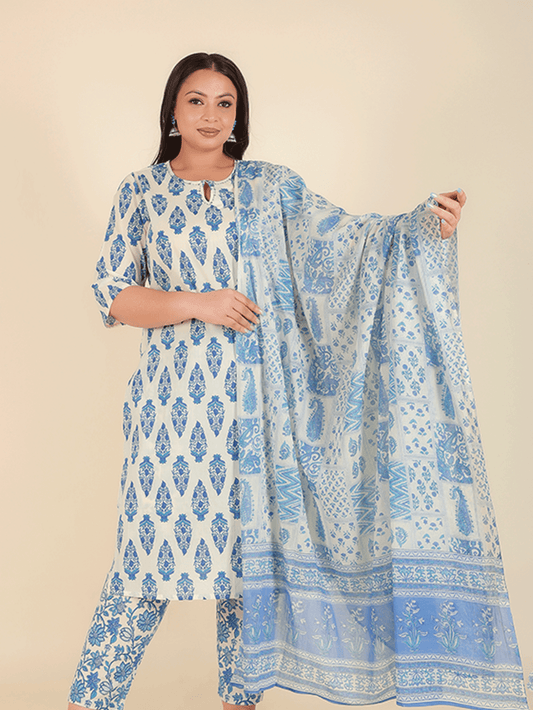 Voile Cotton Patchwork Blue Dupatta