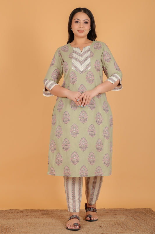 Soft Cotton Floral Straight Green Kurta