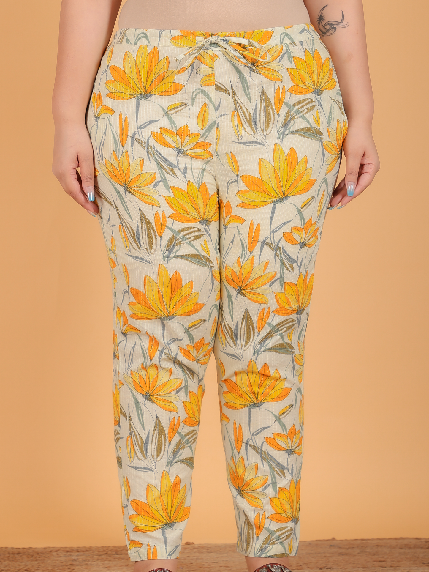 Soft Cotton Floral Yellow Tapered Trousers