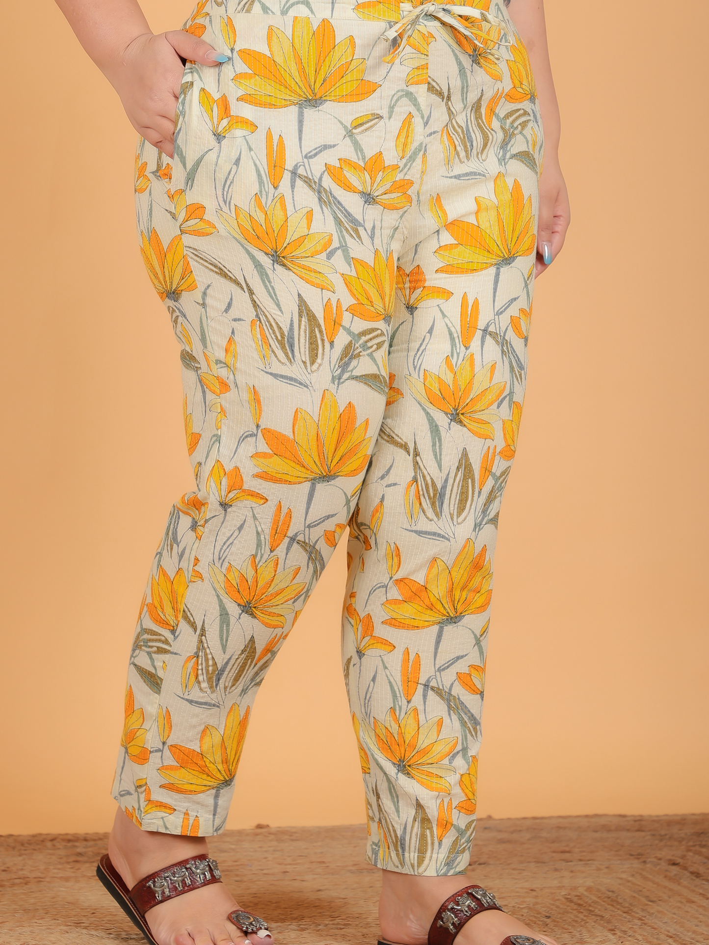Soft Cotton Floral Yellow Tapered Trousers