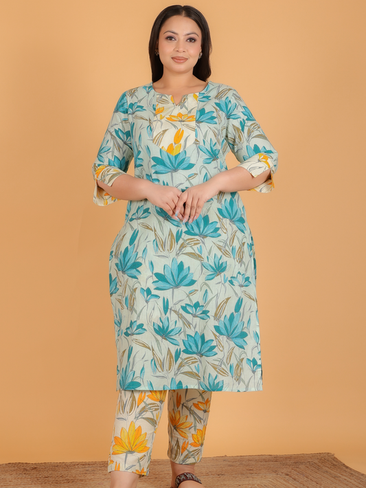Soft Cotton Floral Straight Blue Kurta