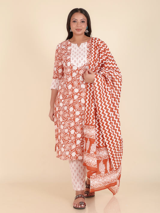 Soft Cotton Floral Straight Brown Kurta