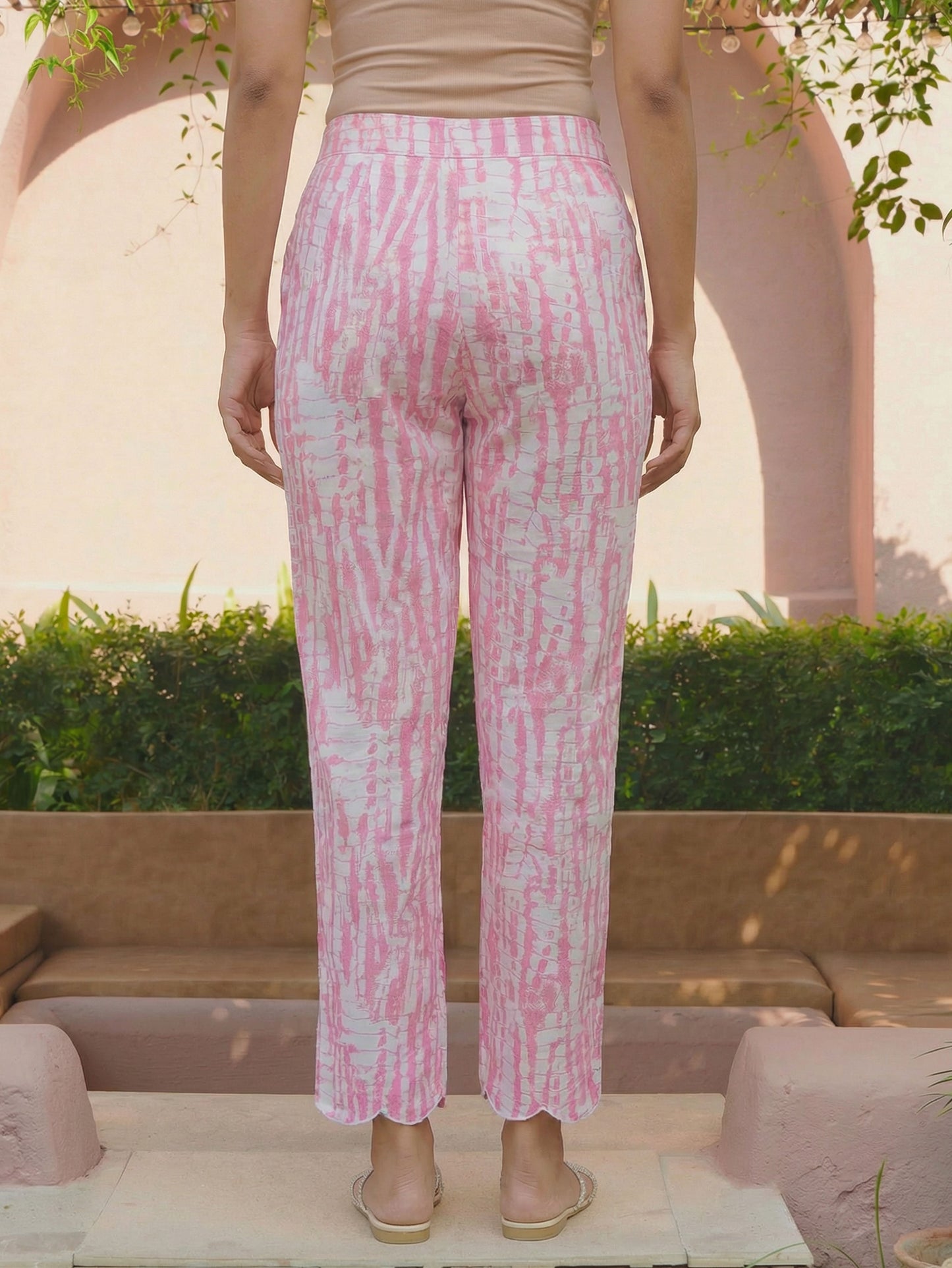 Embroidered Soft Cotton Tie-Dye Pink Tapered Trousers