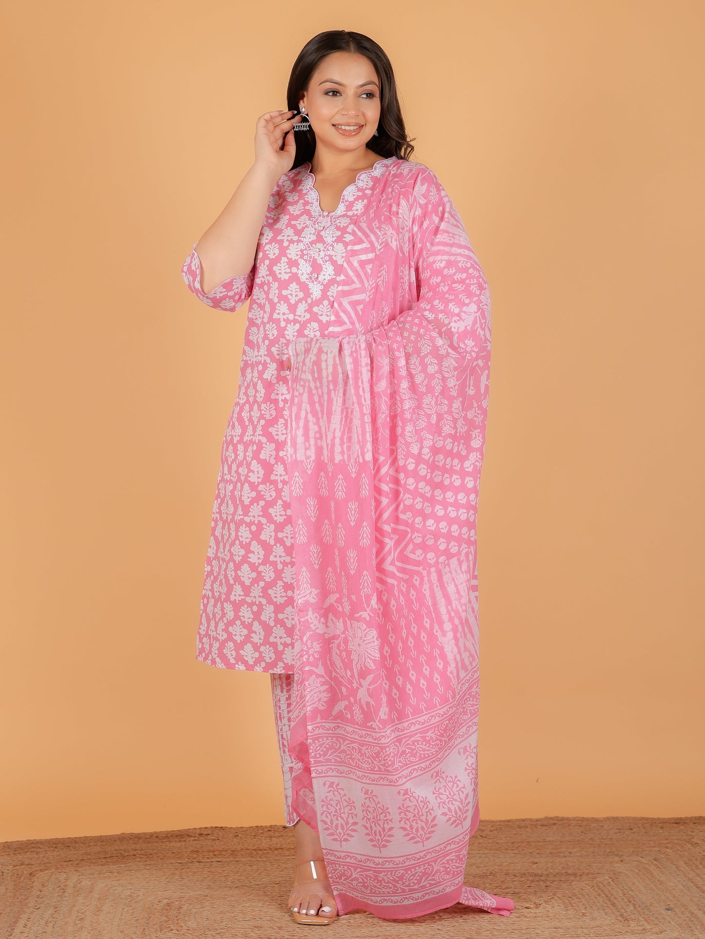 Embroidered Soft Cotton Floral Straight Pink Kurta