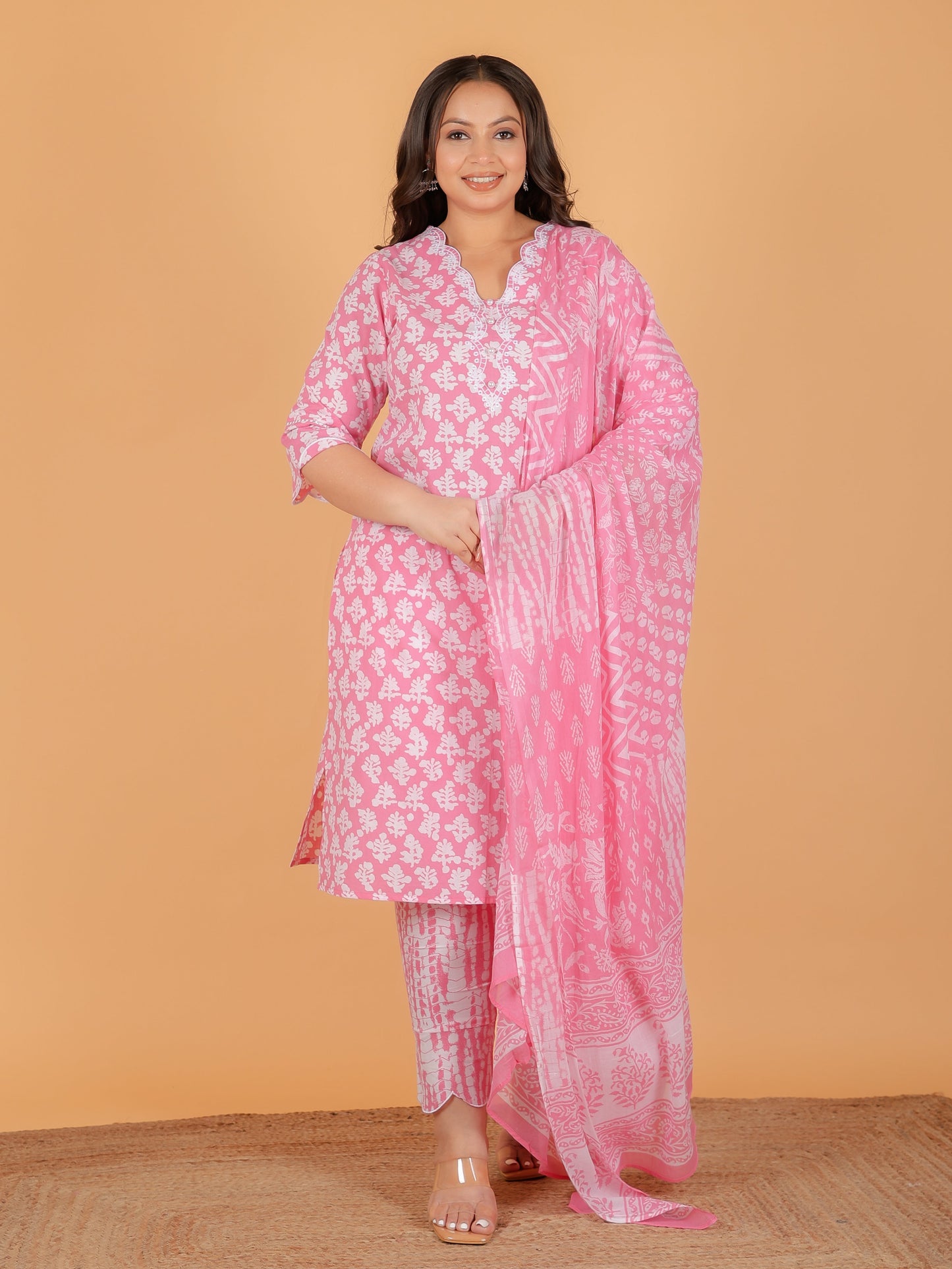 Embroidered Soft Cotton Floral Straight Pink Kurta