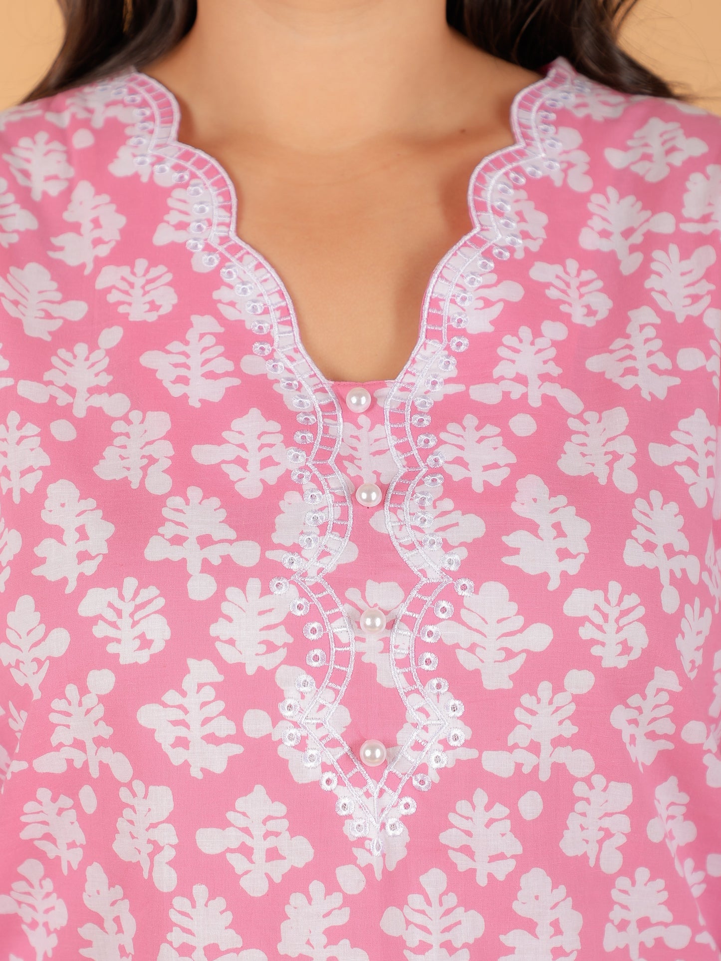 Embroidered Soft Cotton Floral Straight Pink Kurta