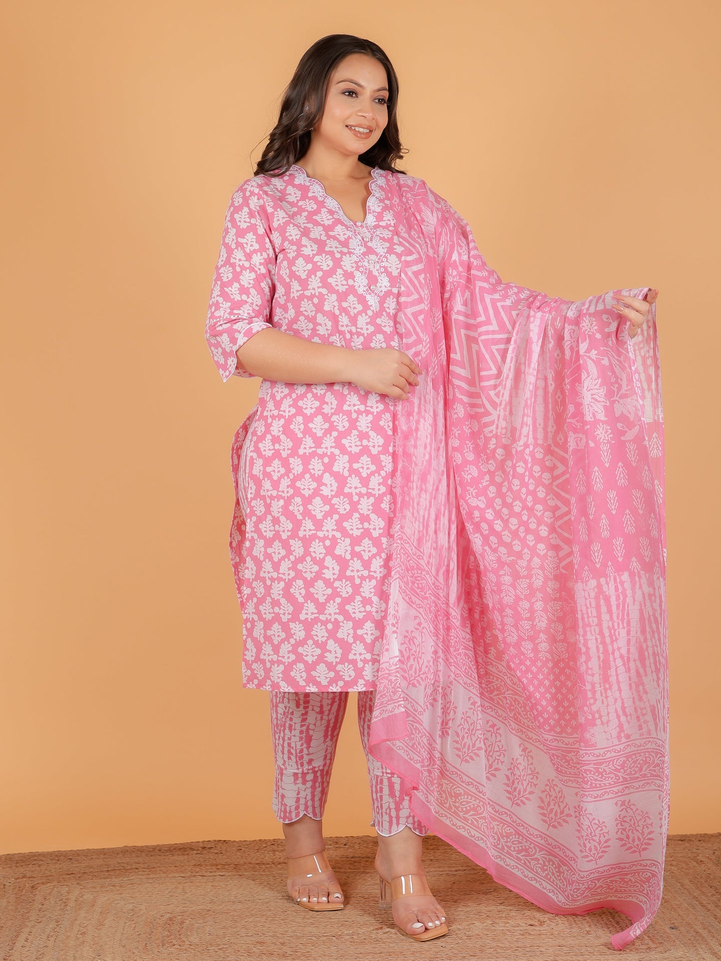 Embroidered Soft Cotton Floral Straight Pink Kurta