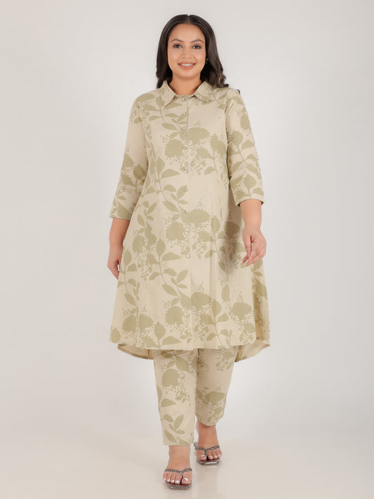 Linen Cotton Foliage High Low Green Kurta
