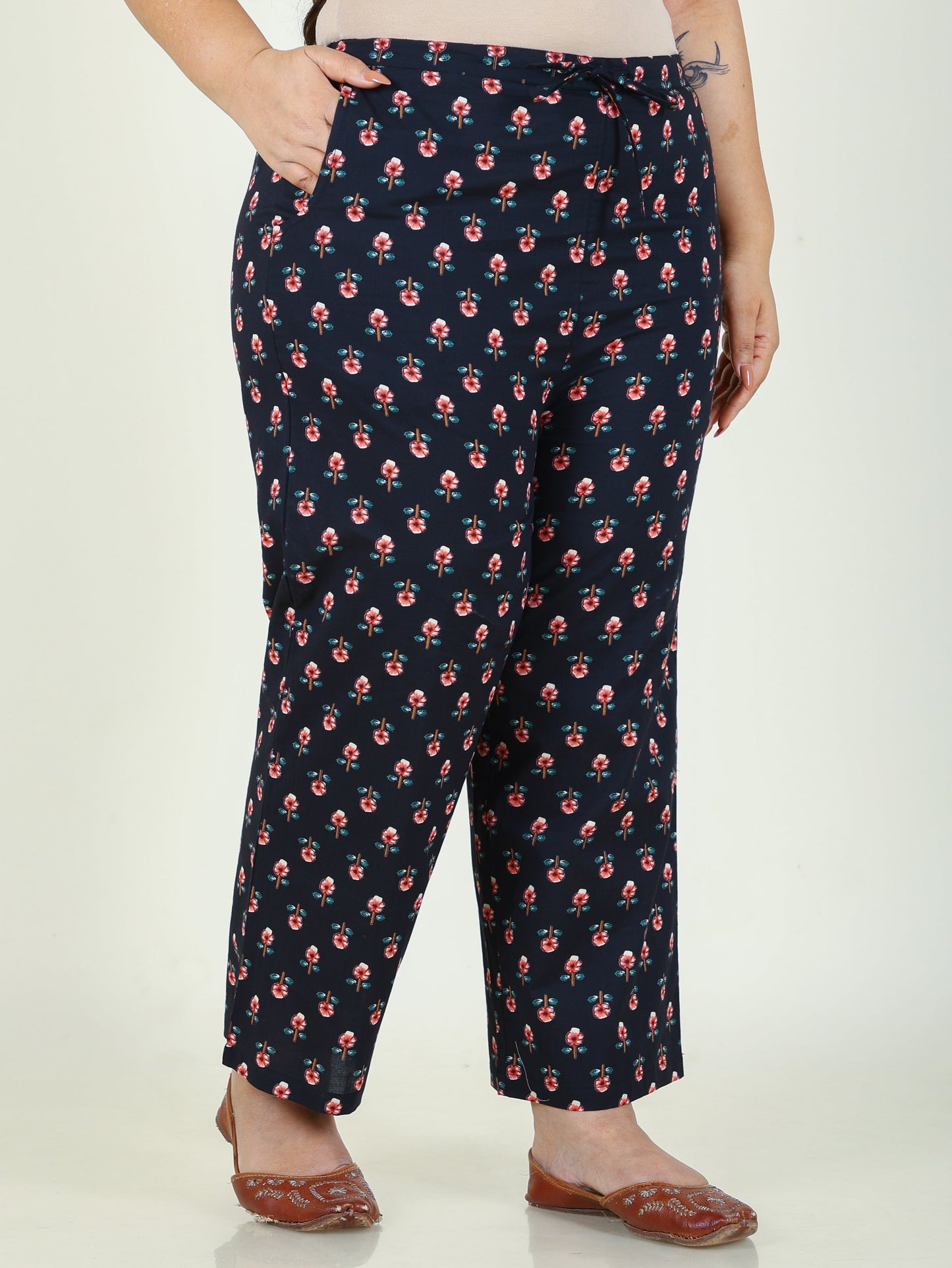 Soft Cotton Floral Black Straight Trousers