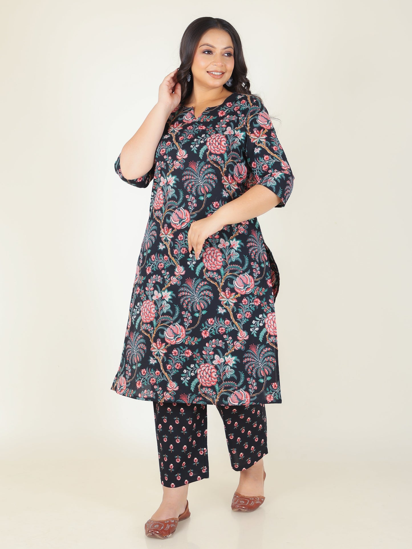 Soft Cotton Floral Straight Black Kurta