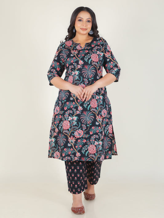 Soft Cotton Floral Straight Black Kurta