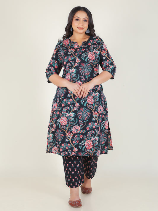 Soft Cotton Floral Straight Black Kurta