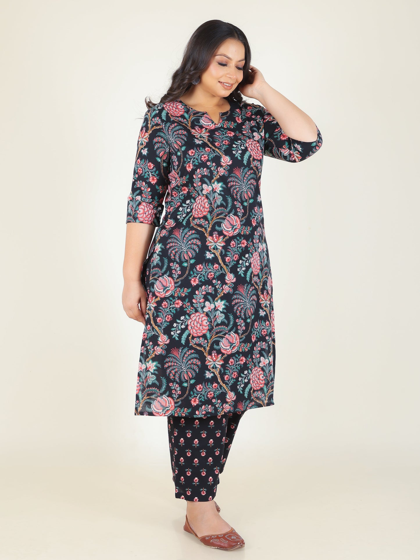 Soft Cotton Floral Straight Black Kurta