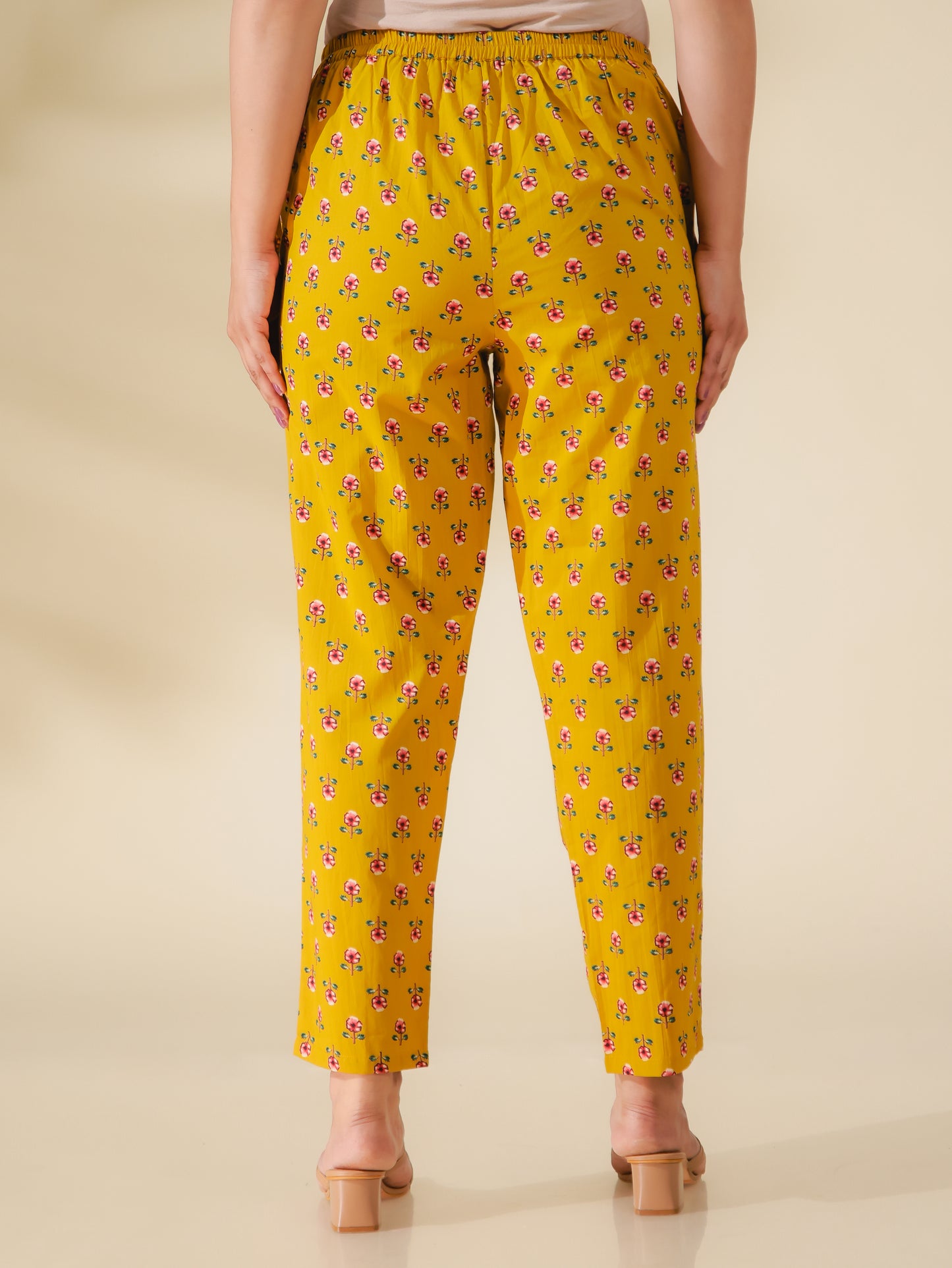 Soft Cotton Floral Yellow Tapered Tapered Trousers