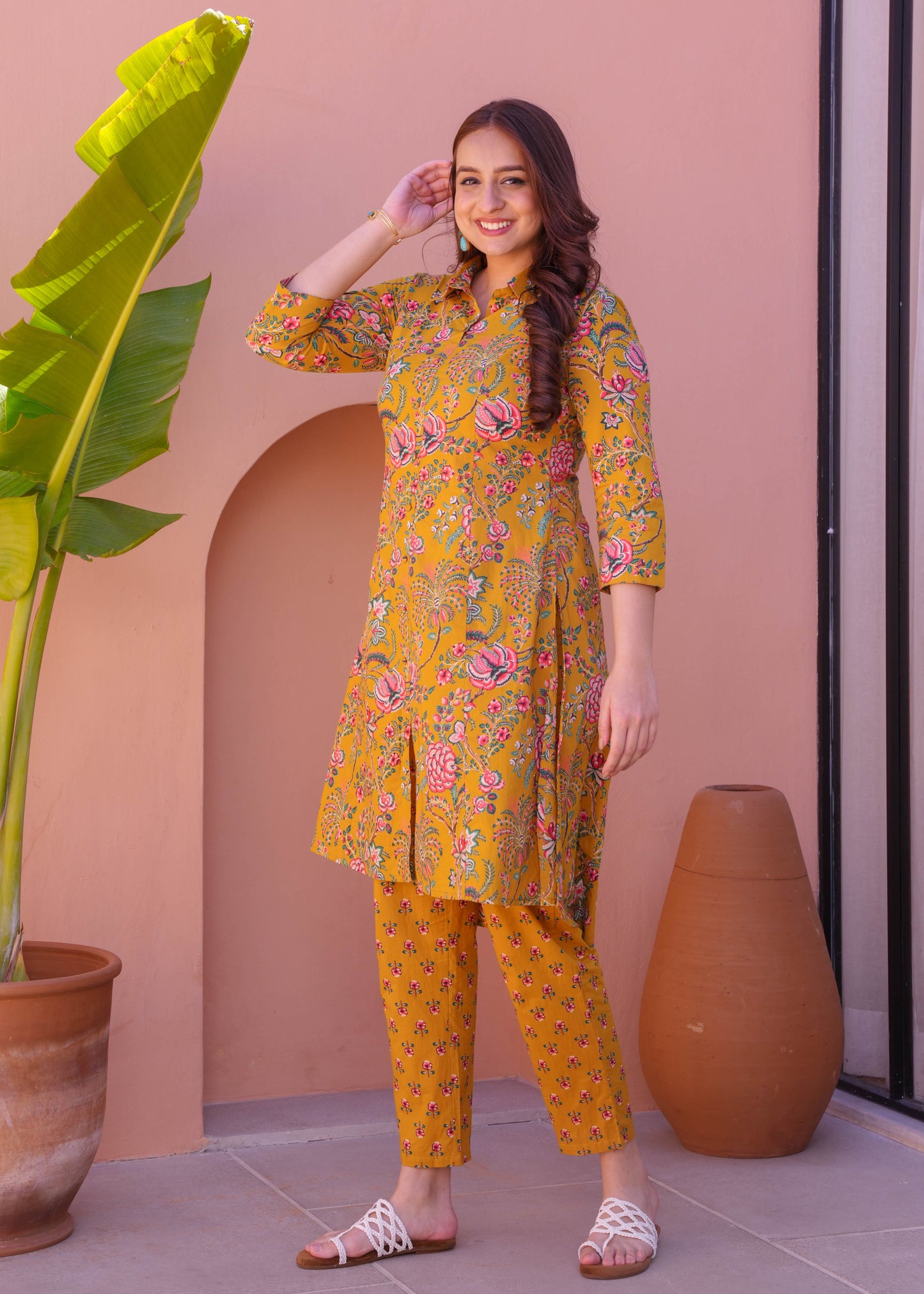 Soft Cotton Foliage High Low Yellow Kurta