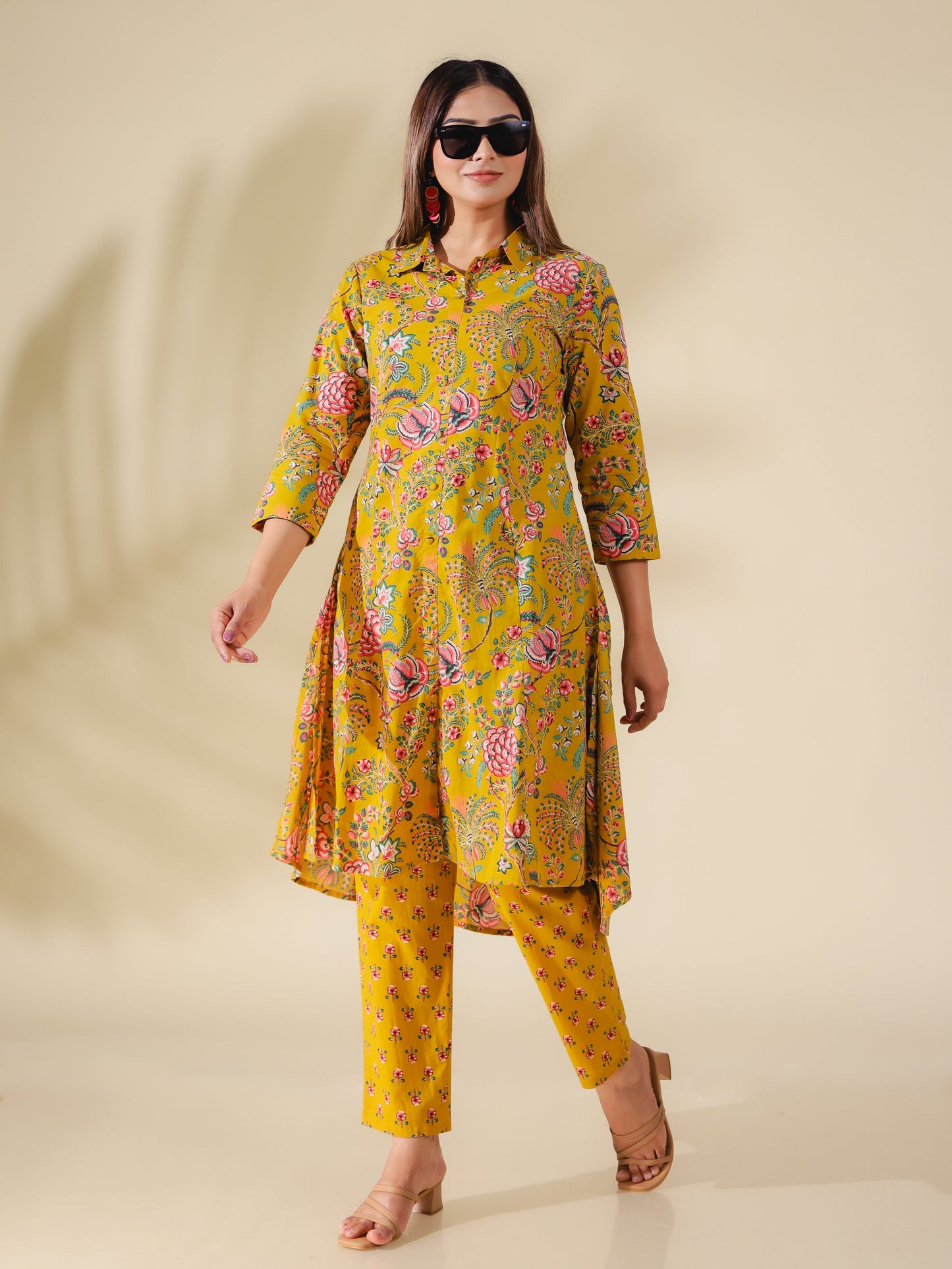 Soft Cotton Foliage High Low Yellow Kurta