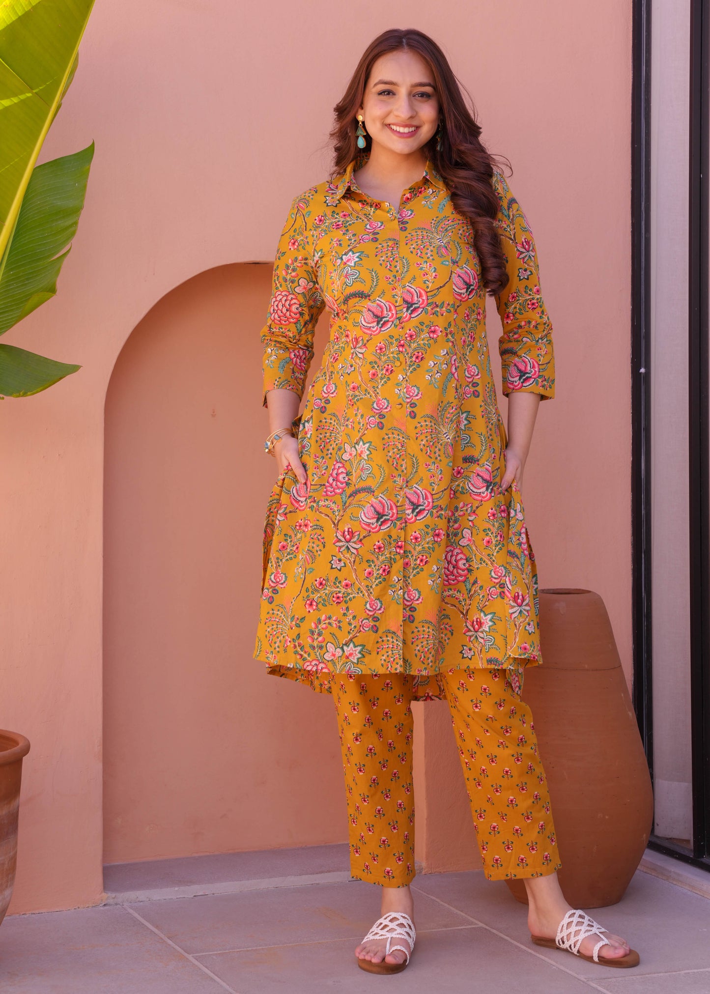 Soft Cotton Foliage High Low Yellow Kurta