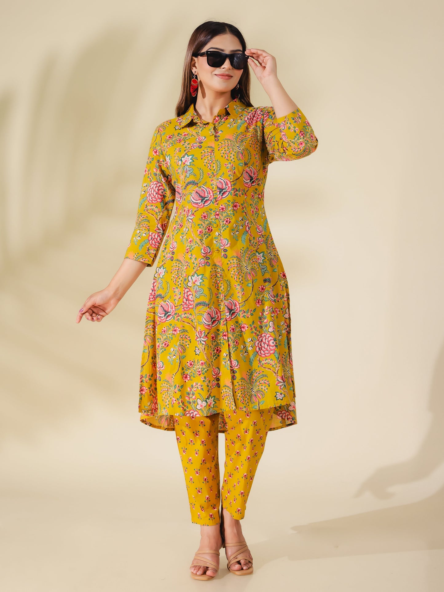 Soft Cotton Foliage High Low Yellow Kurta