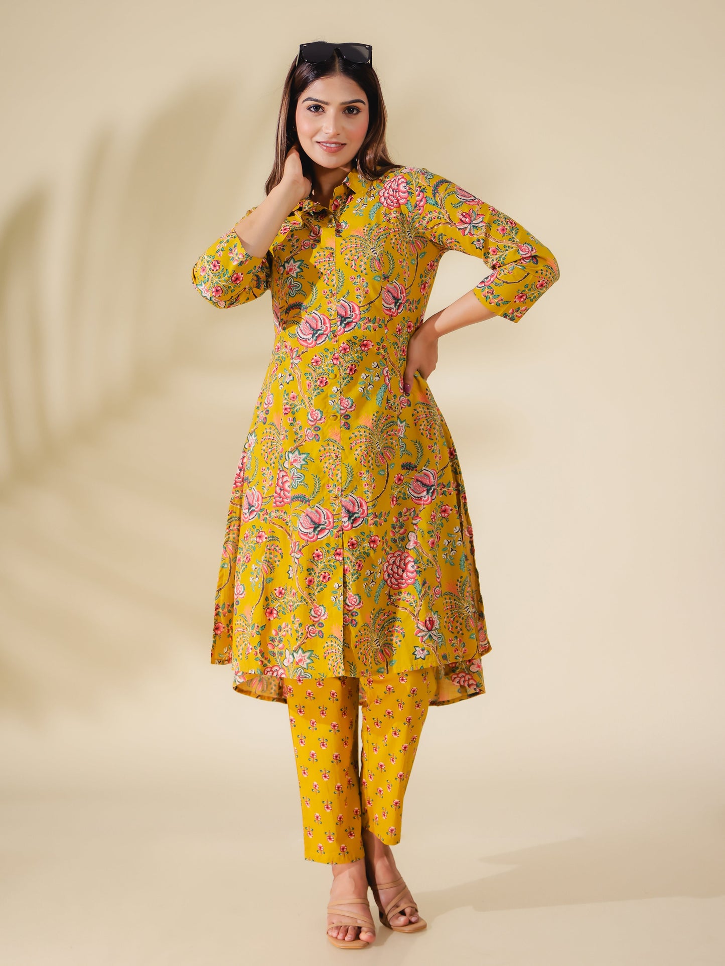 Soft Cotton Foliage High Low Yellow Kurta