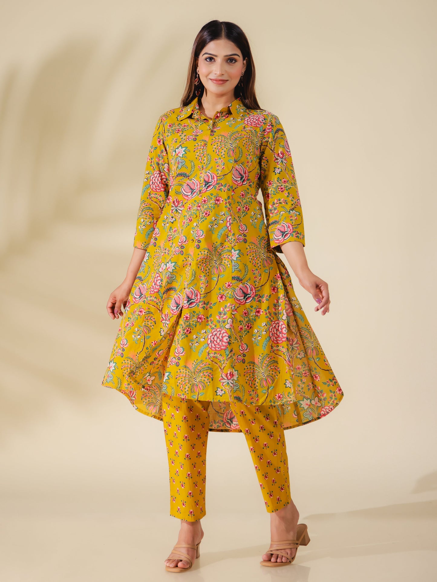 Soft Cotton Foliage High Low Yellow Kurta