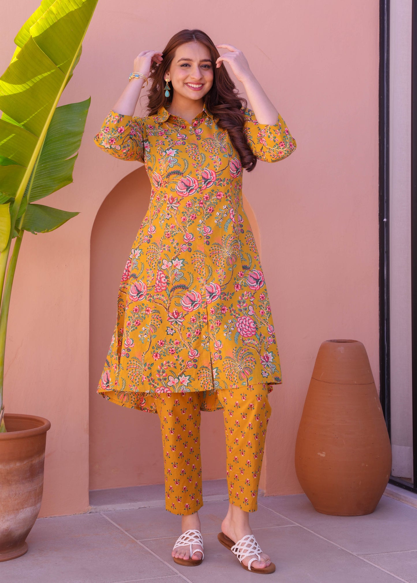 Soft Cotton Foliage High Low Yellow Kurta
