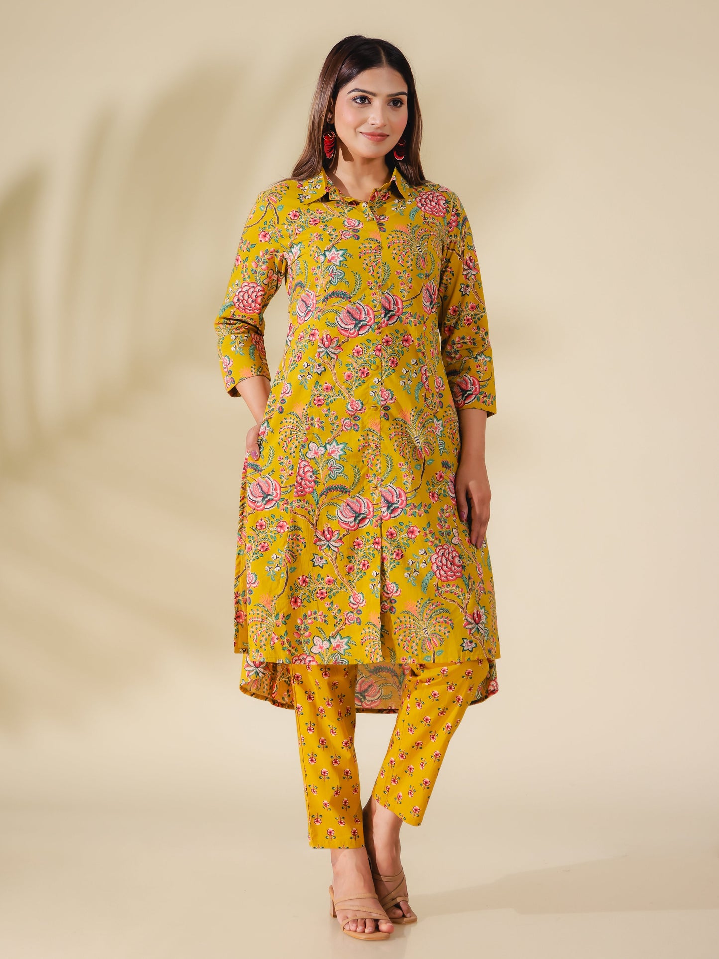 Soft Cotton Foliage High Low Yellow Kurta