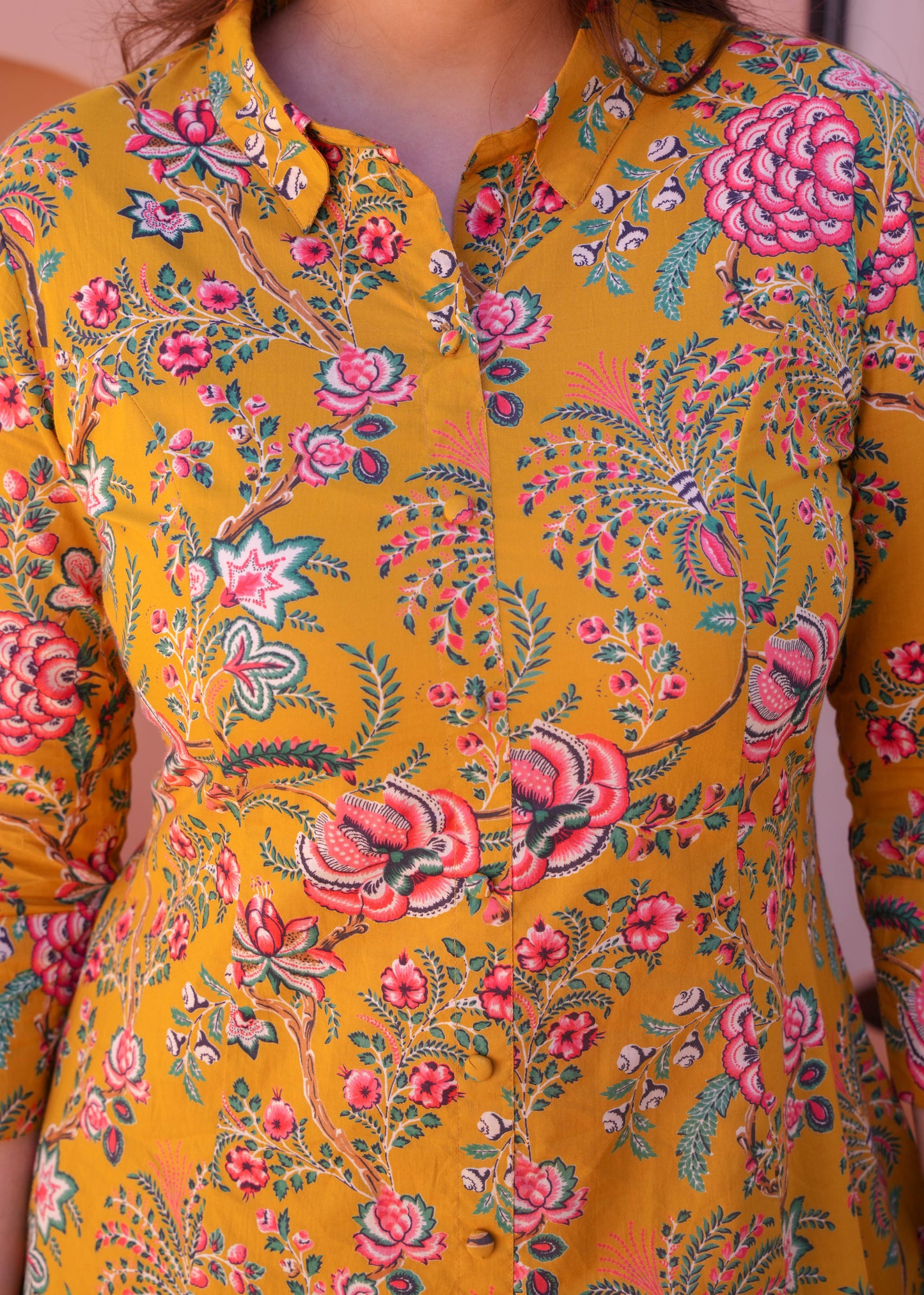 Soft Cotton Foliage High Low Yellow Kurta