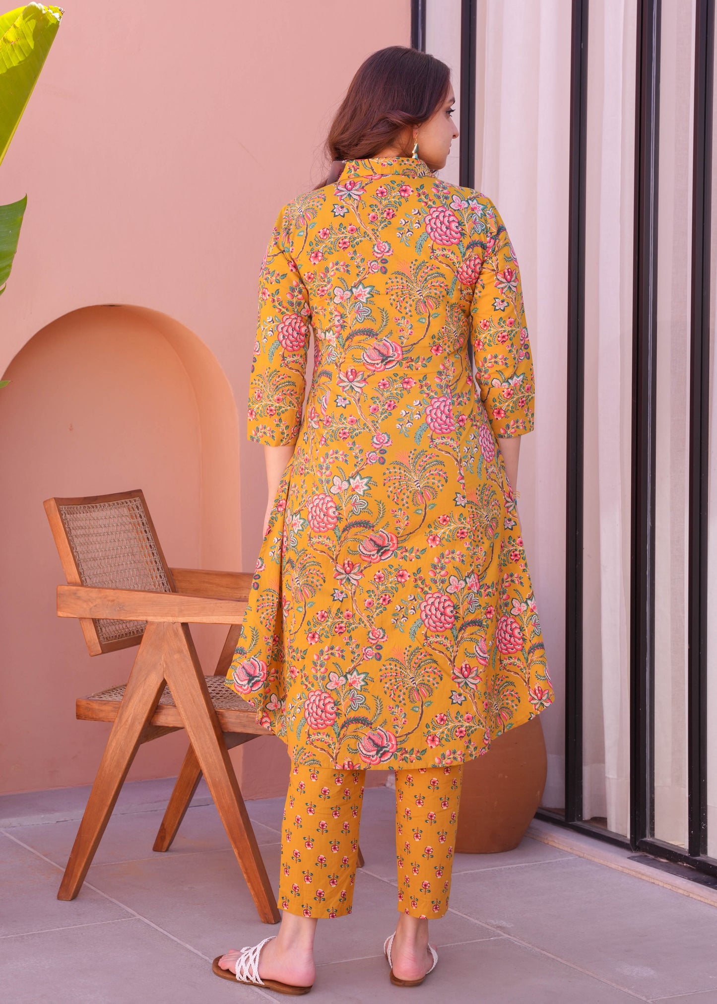Soft Cotton Foliage High Low Yellow Kurta