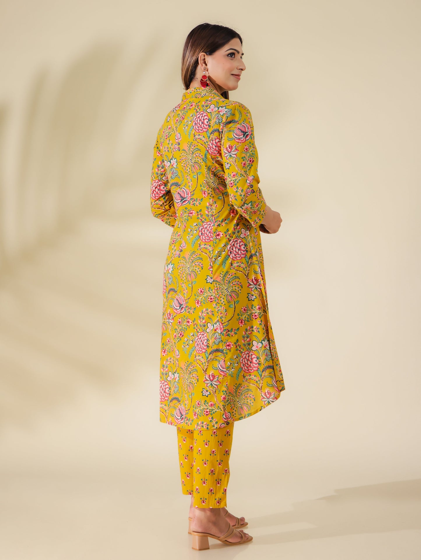 Soft Cotton Foliage High Low Yellow Kurta