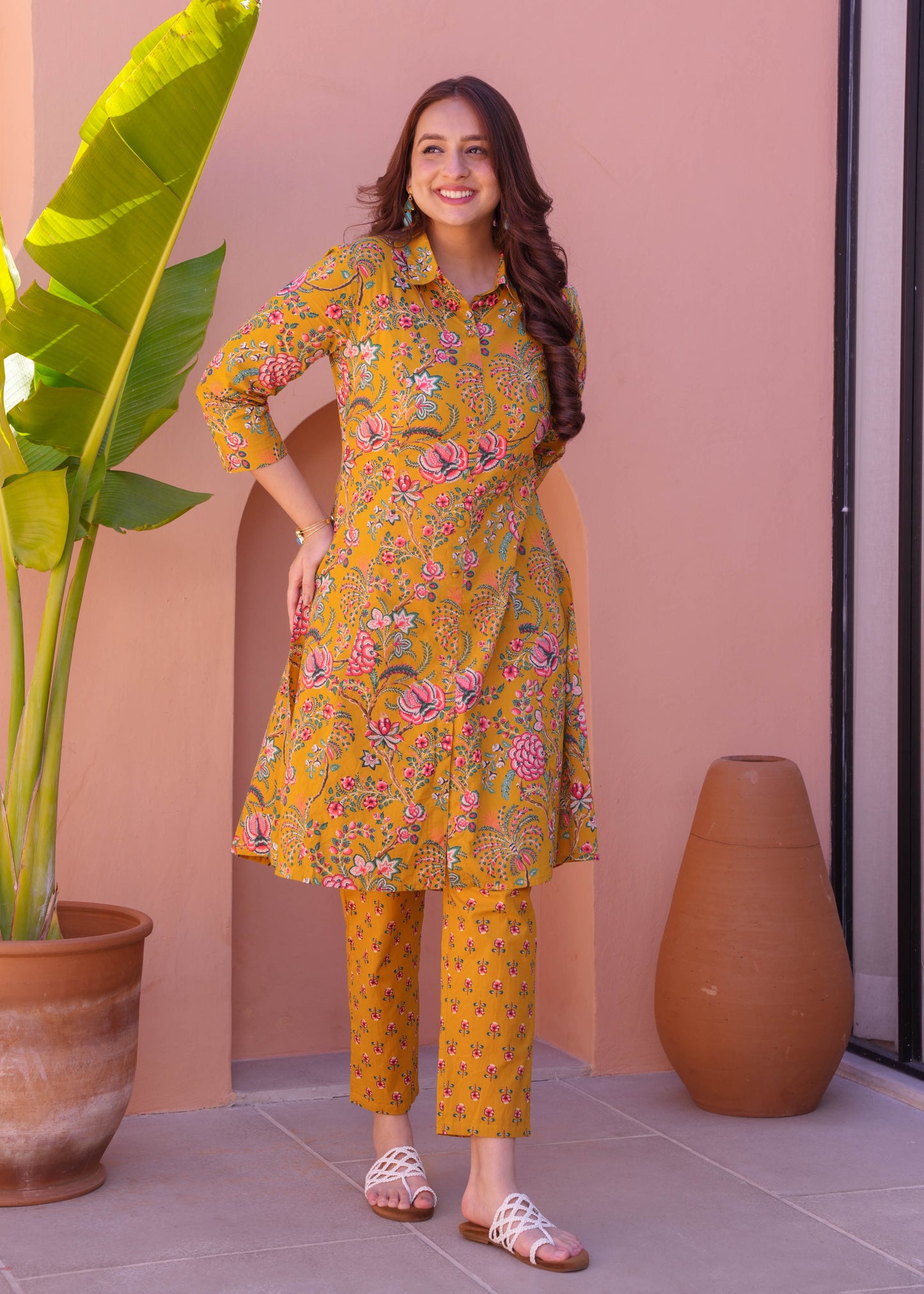 Soft Cotton Foliage High Low Yellow Kurta