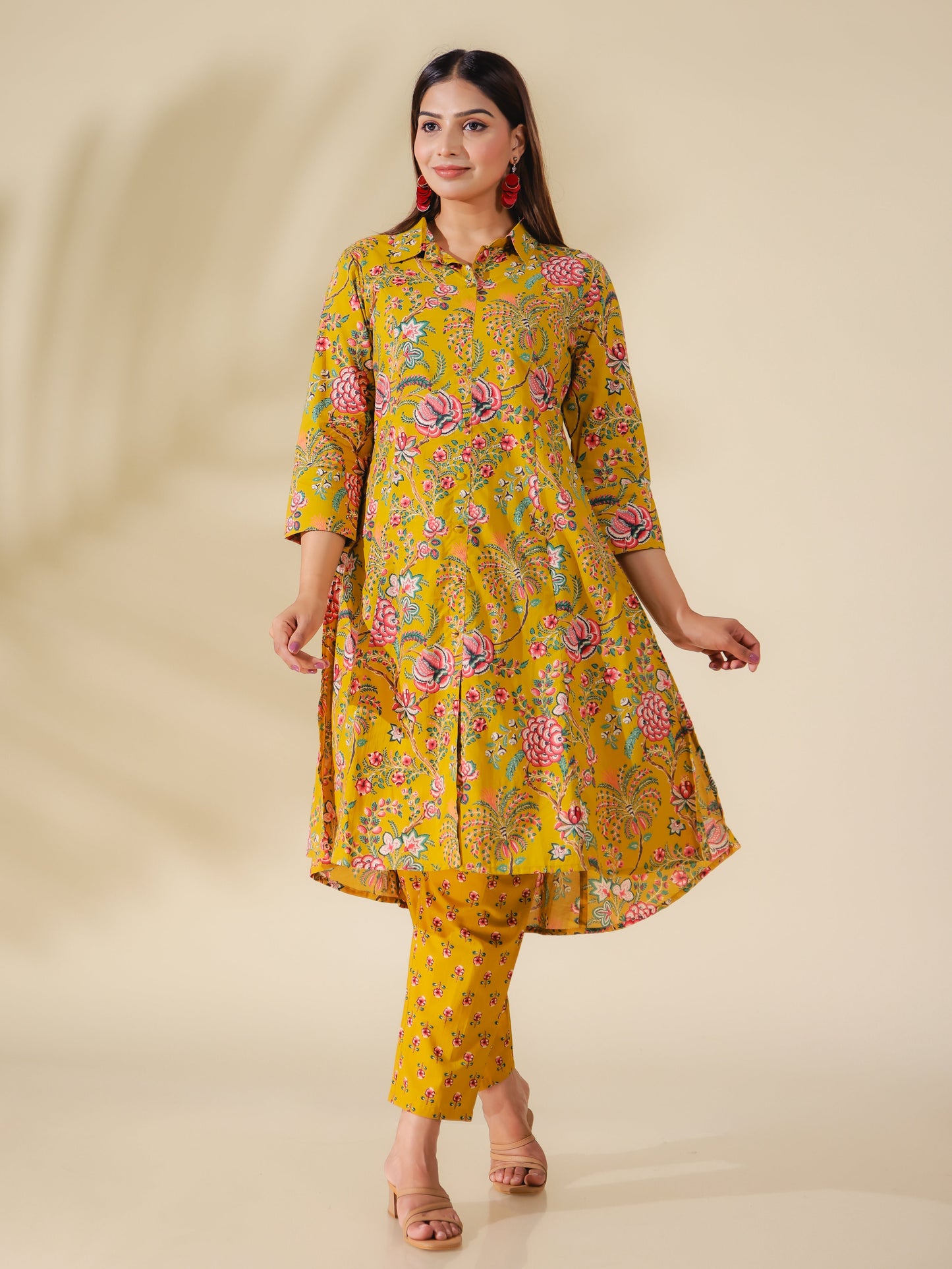Soft Cotton Foliage High Low Yellow Kurta