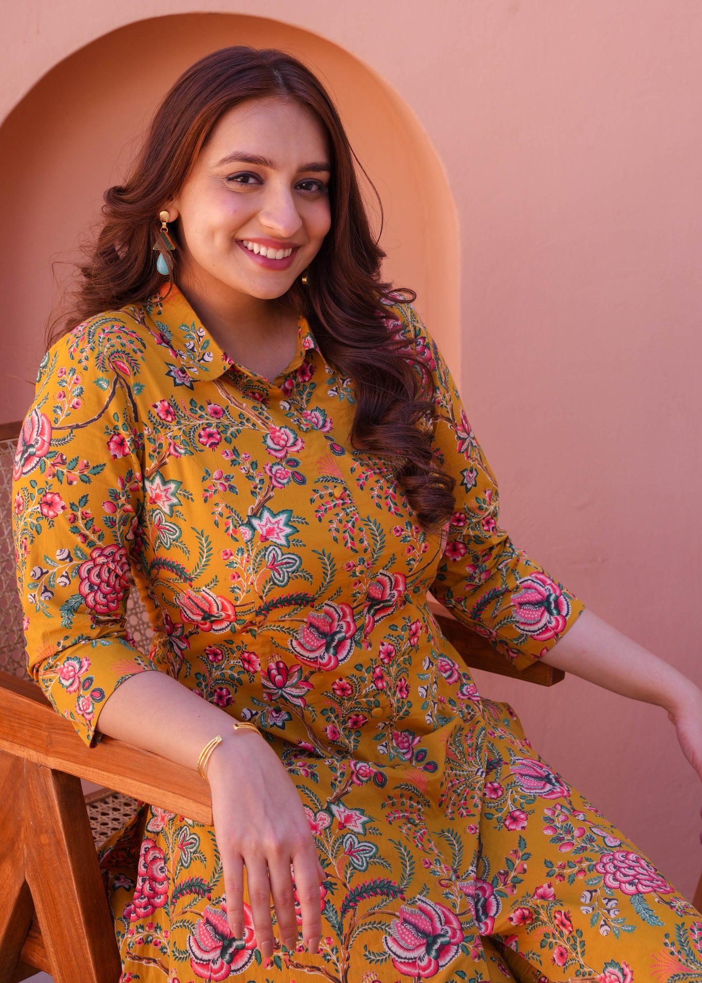 Soft Cotton Foliage High Low Yellow Kurta