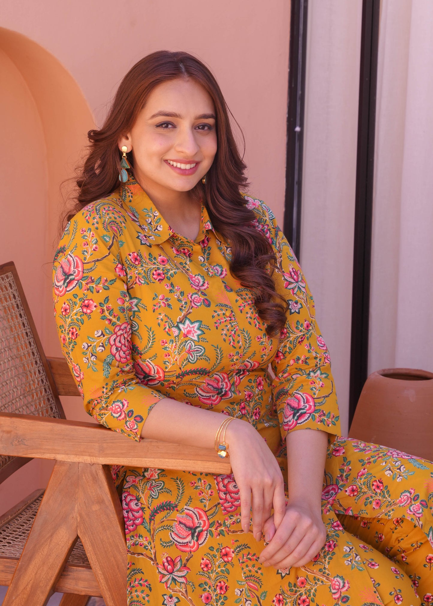 Soft Cotton Foliage High Low Yellow Kurta