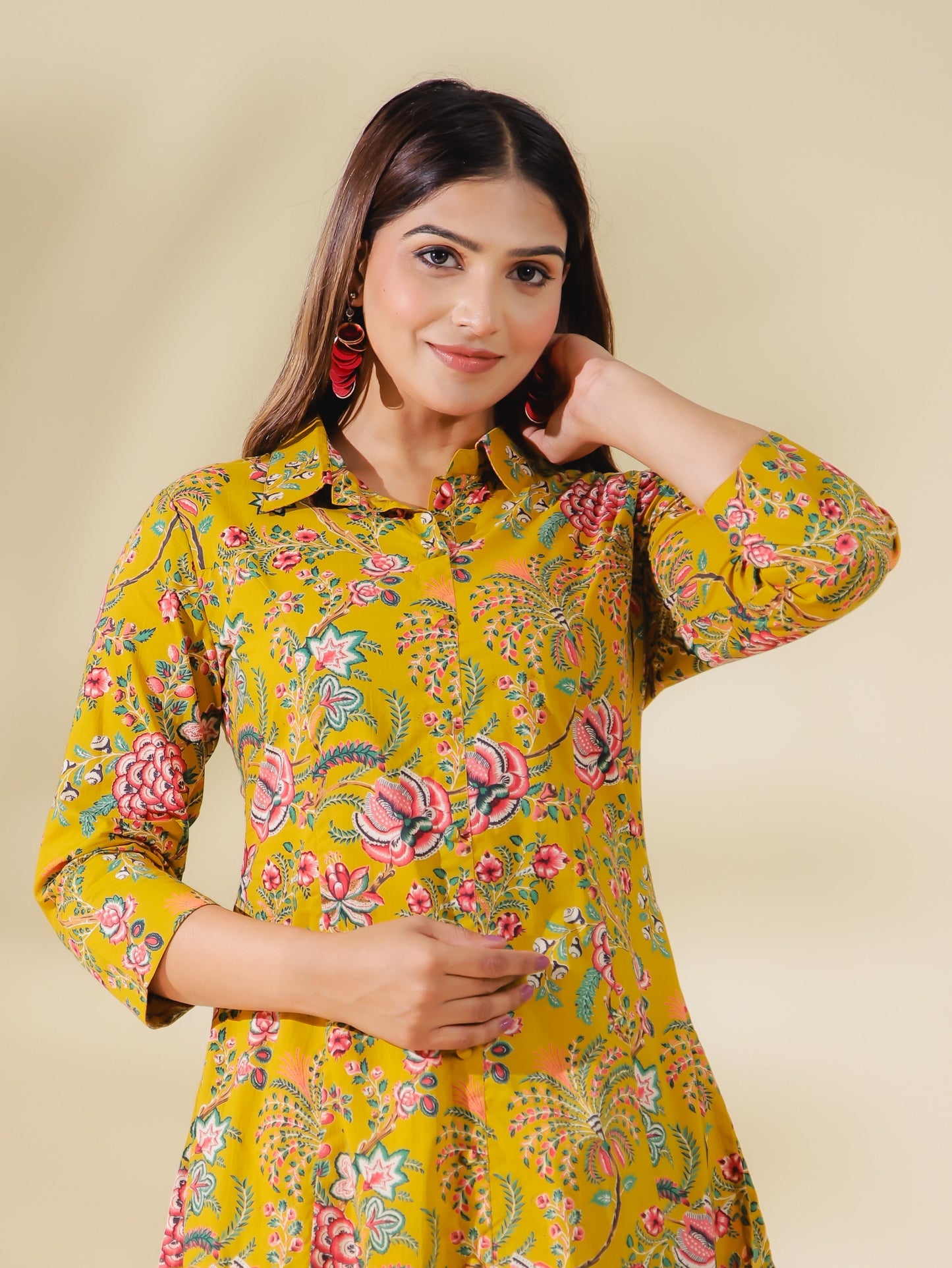 Soft Cotton Foliage High Low Yellow Kurta