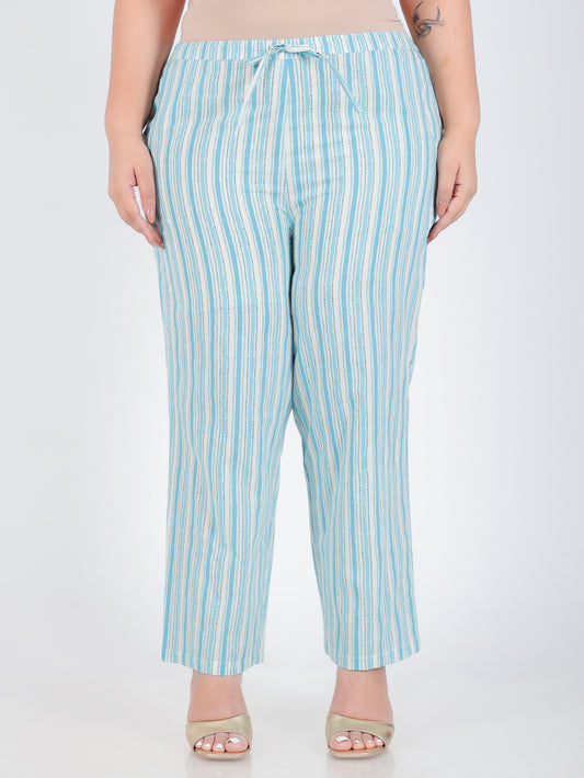 Soft Cotton Striped Blue Straight Trousers