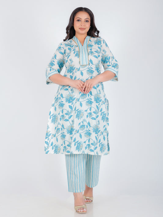 Soft Cotton Floral Straight Blue Kurta