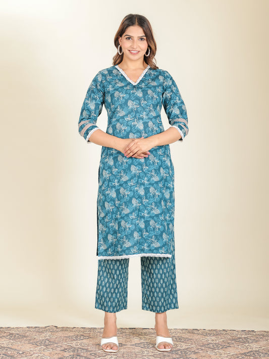 Soft Cotton Floral Anarkali Blue Kurta