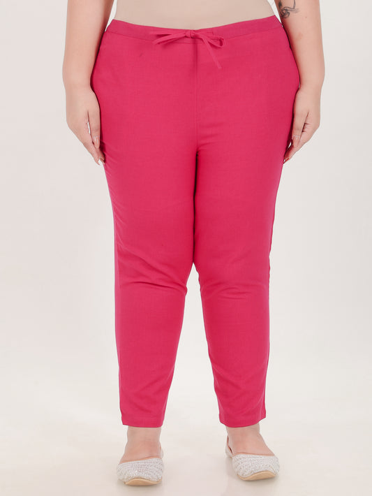 Linen Cotton Solid Pink Tapered Trousers
