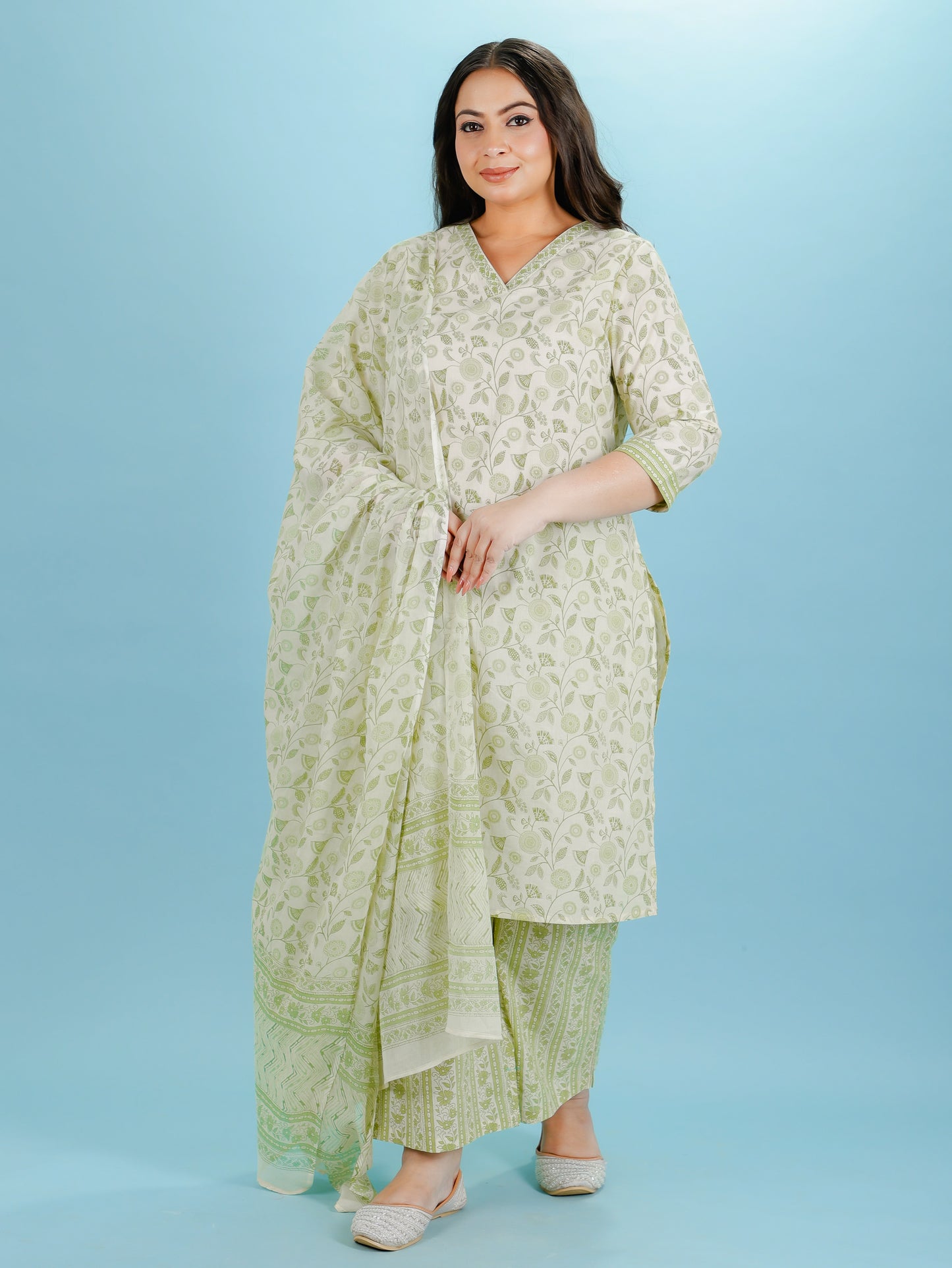 Soft Cotton Floral A-line Green Kurta